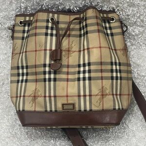 Burberry Beige/Brown Haymarket Check Canvas and Leather Drawstring Bucket Bag